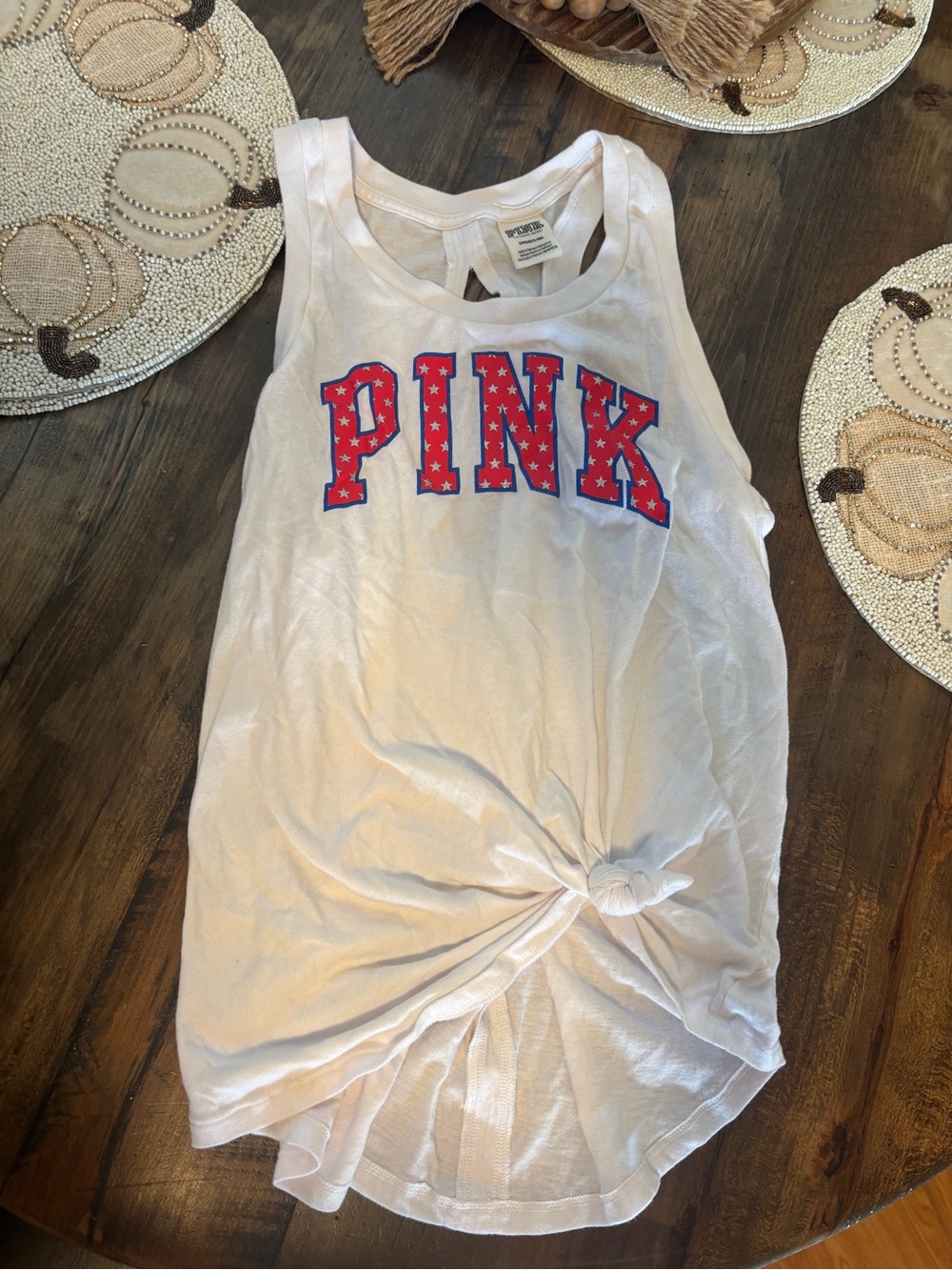 PINK Victoria's Secret White Knot-Front Tank with Red & Blue Logo